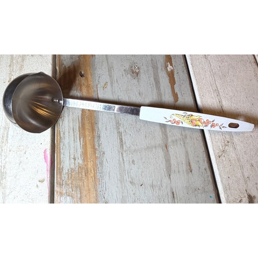 Vintage STANLEY Stainless Steel Ladle USA Cornucopia Fruit Harvest Print MCM